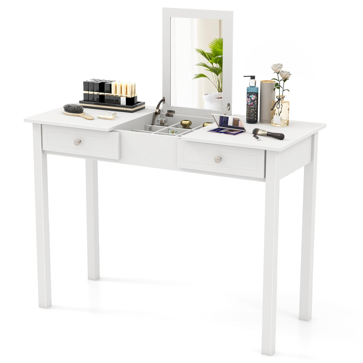 COSTWAY Vanity Desk with Flip Top Mirror, Dressing Table with 2 Drawers & 9 Storage Compartments, 44’’ Modern Makeup Desk for Girls Women Bedroom Dressing Room, White COSTWAY