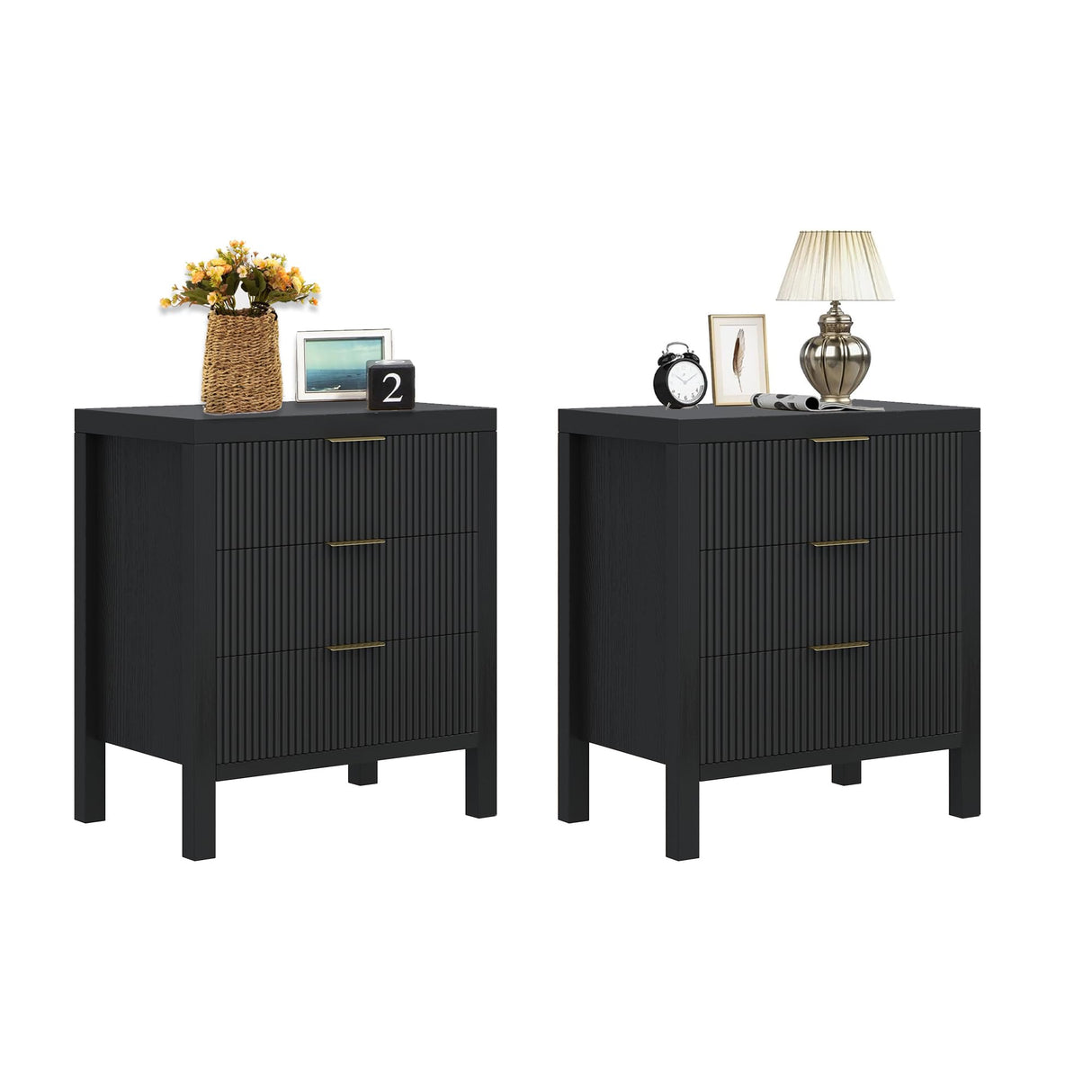 MJADUE Fluted Nightstands Set of 2, Wooden Farmhouse Night Stands with 6 Drawer Bedside Table - Boho Tall End Table Accent Table for Bedroom, Living Room, （Black 2PCS） MJADUE