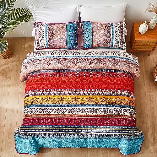 WONGS BEDDING Boho Quilt Set King Size, Bohemian Red Christmas Stripe 3 Pieces Bedspread Set Lightweight Microfiber All Season Christmas Bedding Coverlet Set for King Bed (104"x90") WONGS BEDDING
