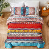 WONGS BEDDING Boho Quilt Set King Size, Bohemian Red Christmas Stripe 3 Pieces Bedspread Set Lightweight Microfiber All Season Christmas Bedding Coverlet Set for King Bed (104"x90") WONGS BEDDING