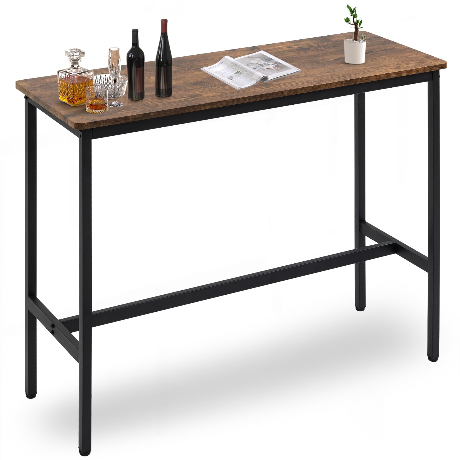 Rongbuk 44.5" Rustic Brown Bar Table with Adjustable Feet and Metal Legs - WoodArtSupply