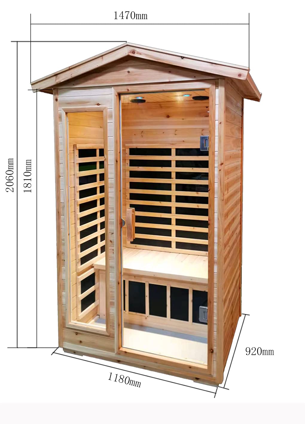 V ddhoger Room Two-Person Far-Infrared Old Fir Outdoor Sauna, Temperature Adjustment 25-65℃, Touch Operation Screen, Seat Load-Bearing 300KG, Suitable for Heights 1.5-1.9M， Natural V ddhoger