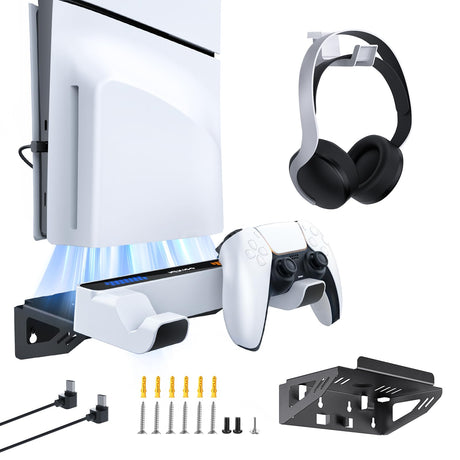 NexiGo PS5 (All Versions) Wall Mount Kit with Charging Station for PS5/PS5 Slim/PS5 Pro Consoles, Regular and DualSense_Edge Controllers, Stable Metal Wall Hanging Stand with LED Indicator NexiGo