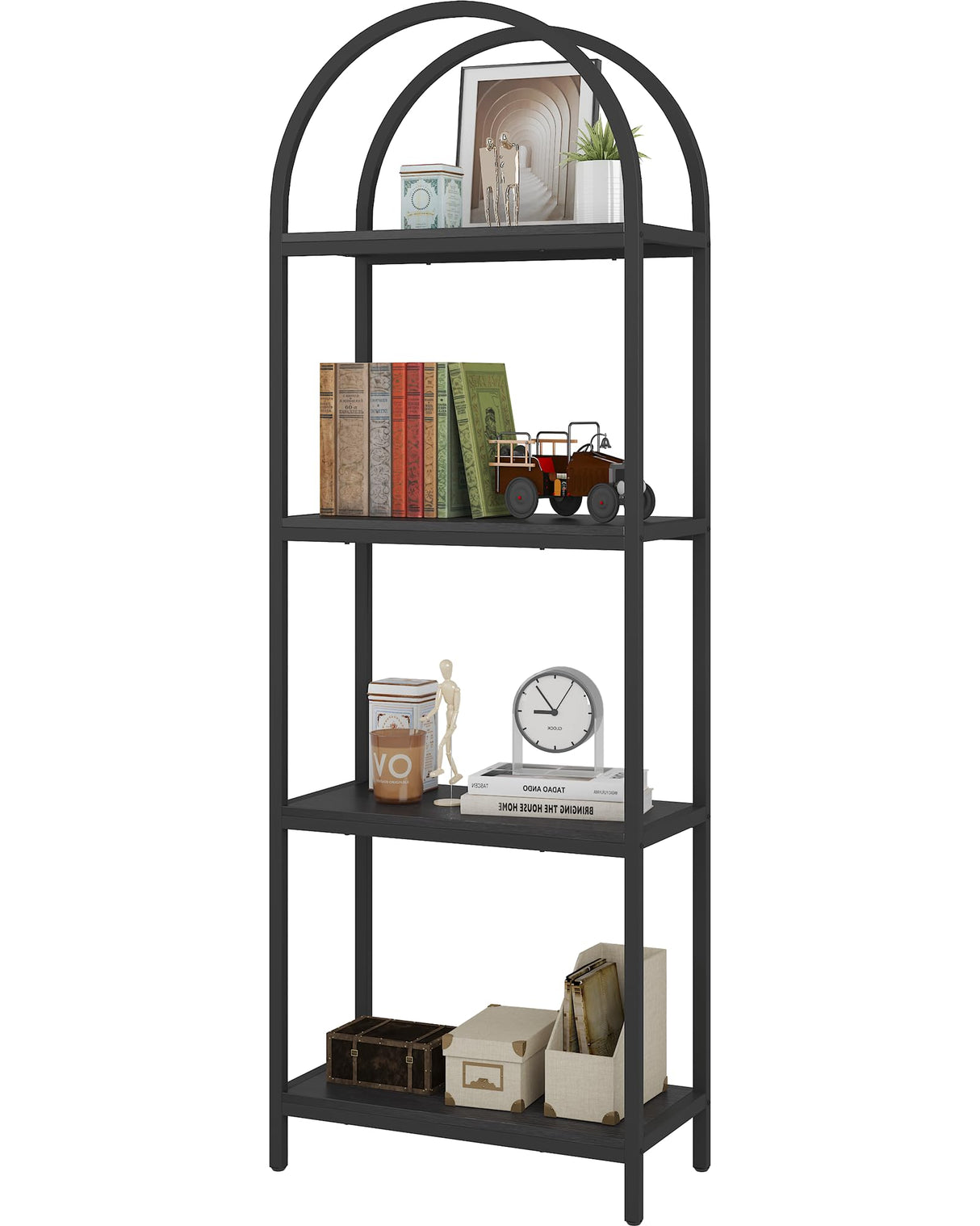 Yusong Bookshelf 4 Tier Arched Bookcase, 71.3" Tall Industrial Open Book Shelves for Living Room, Modern Freestanding Display Shelving Unit Storage Rack with Metal Frame, Office, Bedroom, Black Yusong