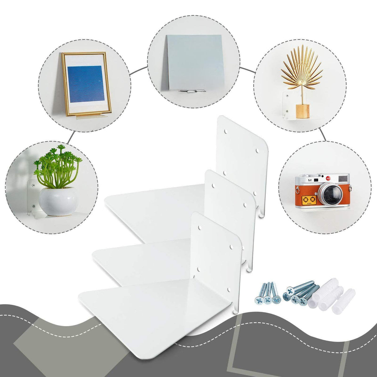 Jetec 6 Pack Invisible Floating Bookshelf for Wall, Iron Floating Book Shelves, Heavy Duty Hidden Book Shelf for Bedroom Living Room Office Library Bookcase (White) Jetec