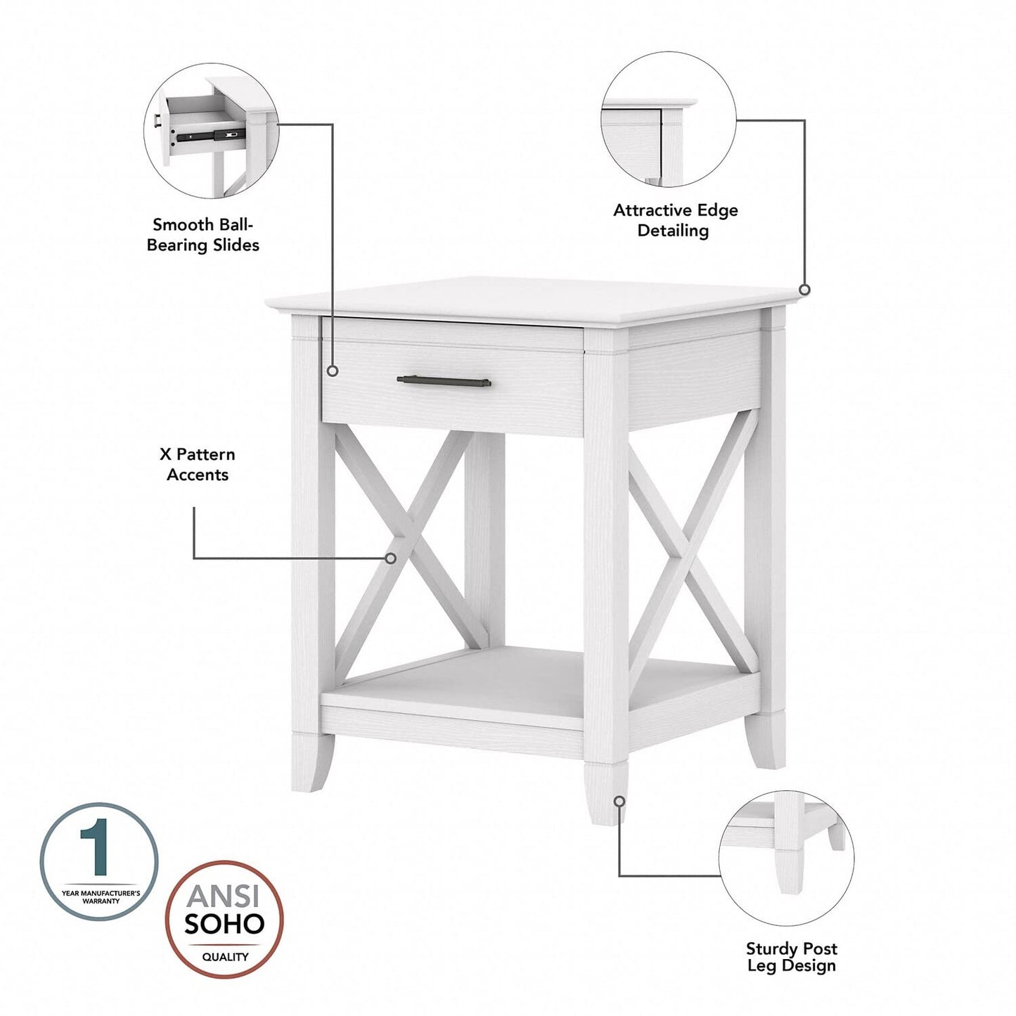 Bush Furniture Key West Nightstand with Drawer, 20D x 20W x 24H, Pure White Oak - WoodArtSupply