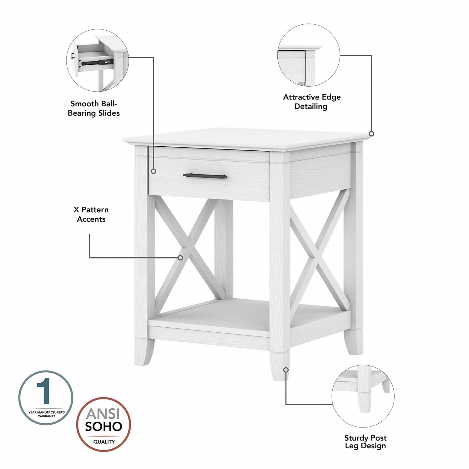 Bush Furniture Key West Nightstand with Drawer, 20D x 20W x 24H, Pure White Oak - WoodArtSupply