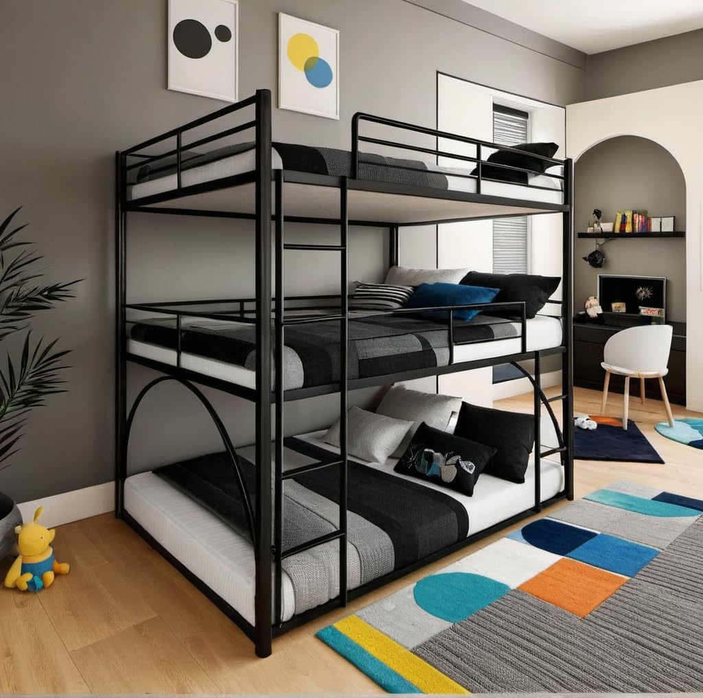 PVWIIK Full Triple Bunk Bed with Ladder for 3 Kids/Teen/Adults Bedroom,Full Over Full Over Full Heavy Duty Metal Bunk Bed for Girls & Boys,No Box Spring Needed,Black PVWIIK