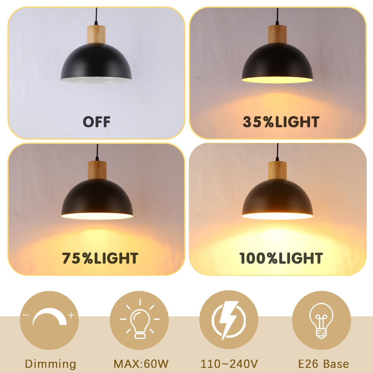 QianZhan Solid Wood Pendant Light 3 Pack, Modern Matte Black Pendant Lights Fixtures Adjustable Dome Hanging Lighting,for Kitchen Island Dining Room Restaurant Office Farmhouse QianZhan