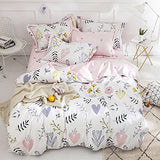BuLuTu Floral Love Print Girls Duvet Cover Full White/Pink Cotton Premium Blossom Kawaii Reversible Kids Bedroom Comforter Cover Queen Duvet Cover for Toddler,Teen,Lightweight,Zipper Closure BuLuTu