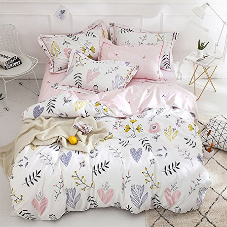 BuLuTu Floral Love Print Girls Duvet Cover Full White/Pink Cotton Premium Blossom Kawaii Reversible Kids Bedroom Comforter Cover Queen Duvet Cover for Toddler,Teen,Lightweight,Zipper Closure BuLuTu