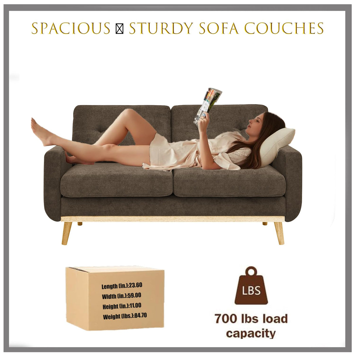 65" W Brown Loveseat Sofa, Mid Century Modern Love Seat Couches for Living Room, Button Tufted Upholstered Small Couch for Bedroom, Solid Wood Legs and Easy to Install Love Seats Furniture (Brown) Klwenas Maec