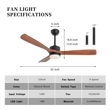 Ceiling Fan with Lights Remote Control 52in Solid Wood Blade 3Color Light Timing with Memory Function 6Speeds Super Quiet DC Motor for Modern Bedroom Living Room Dining Room Outdoor Terrace Farmhouse revoici
