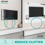 Naomi Home Bliss Modern Freestanding Wall Mounted Entertainment Center Floating TV Wall Panel for 70 inch TVs, Home Theater with LED Strip, Pull-Out Drawers and Overhead Shelf – White, Pine Wood Naomi Home