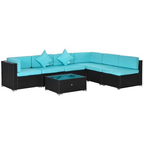 Outsunny 7-Piece Patio Furniture Sets Outdoor Wicker Conversation Sets All Weather PE Rattan Sectional Sofa Set with Cushions & Tempered Glass Desktop, Turquoise Outsunny