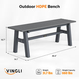 VINGLI 47” Outdoor Bench Garden Bench HDPE Porch Bench w/Metal Legs, Poly Lumber Patio Bench, 660 LBS Capacity Outdoor Backless Bench(Grey) VINGLI