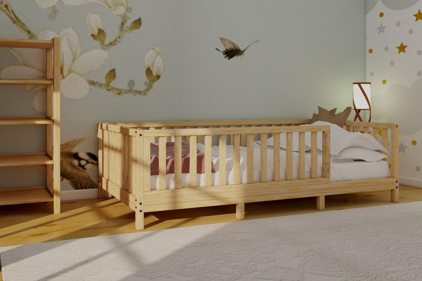 Montessori Floor Bed Designed with Open Front for Girls and Boys | Pine Wood Natural Solid Frame Bed Footed Model with Slats | Sturdy Designed Floor Bed Frame for Kids (Crib, Height : 23 Inch - WoodArtSupply