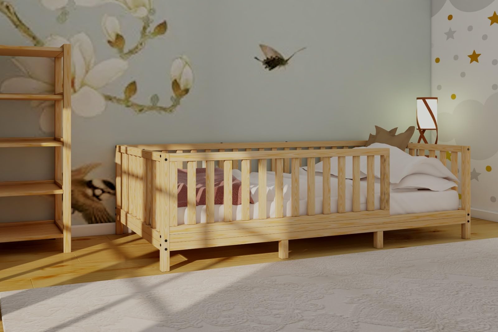 Montessori Floor Bed Designed with Open Front for Girls and Boys | Pine Wood Natural Solid Frame Bed Footed Model with Slats | Sturdy Designed Floor Bed Frame for Kids (Twin, Height : 23 Inch - WoodArtSupply