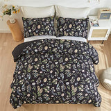 Floral Comforter Set King Size, Yellow Green Botanical Flower Leaves Printed Black Comforter for Kids Teen Women, 3 Piece Soft Microfiber Bedding Set with 2 Pillow Cases for All Season(Black,King) KAKIJUMN