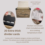 Wooden Recipe Box with Cards and Dividers - Large Rustic 4x6 Recipe Card Box, Wipe Clean Surface, Recipe Card Holder, 100 Double-Sided Cards, 20 Thick Dividers with Stickers, Charts, Complete Gift Set NIIVIIN