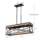 Rustic Farmhouse Wood Kitchen Island Lighting, 5 Lights Rectangular Pendant Light Fixture, Adjustable Chain Oak Wood and Metal Linear Chandelier for Dining Room Kitchen Island Farmhouse, Black RKUCSR