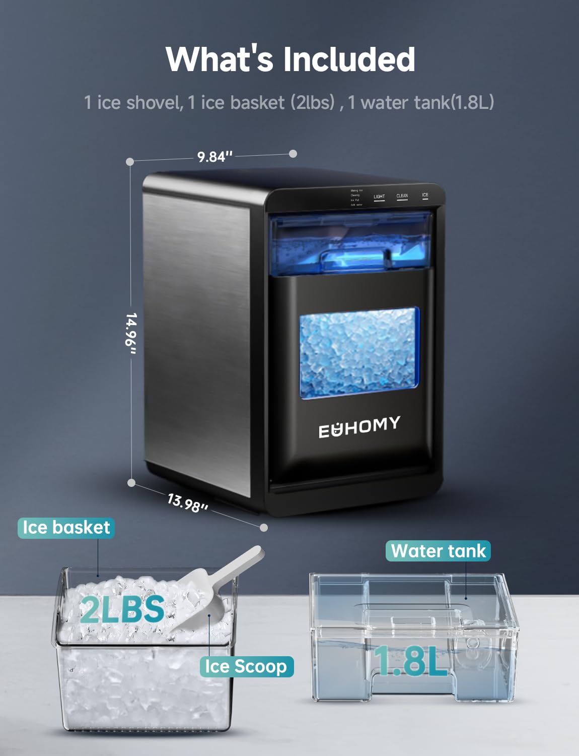 EUHOMY Nugget Ice Maker Countertop, 44Lbs/24H Pebble Ice Maker Machine, Self-Cleaning Pellet Ice Machine with Ice Scoop&Basket, Sonic Countertop Ice Machine for Home/Kitchen/Office(Black) EUHOMY