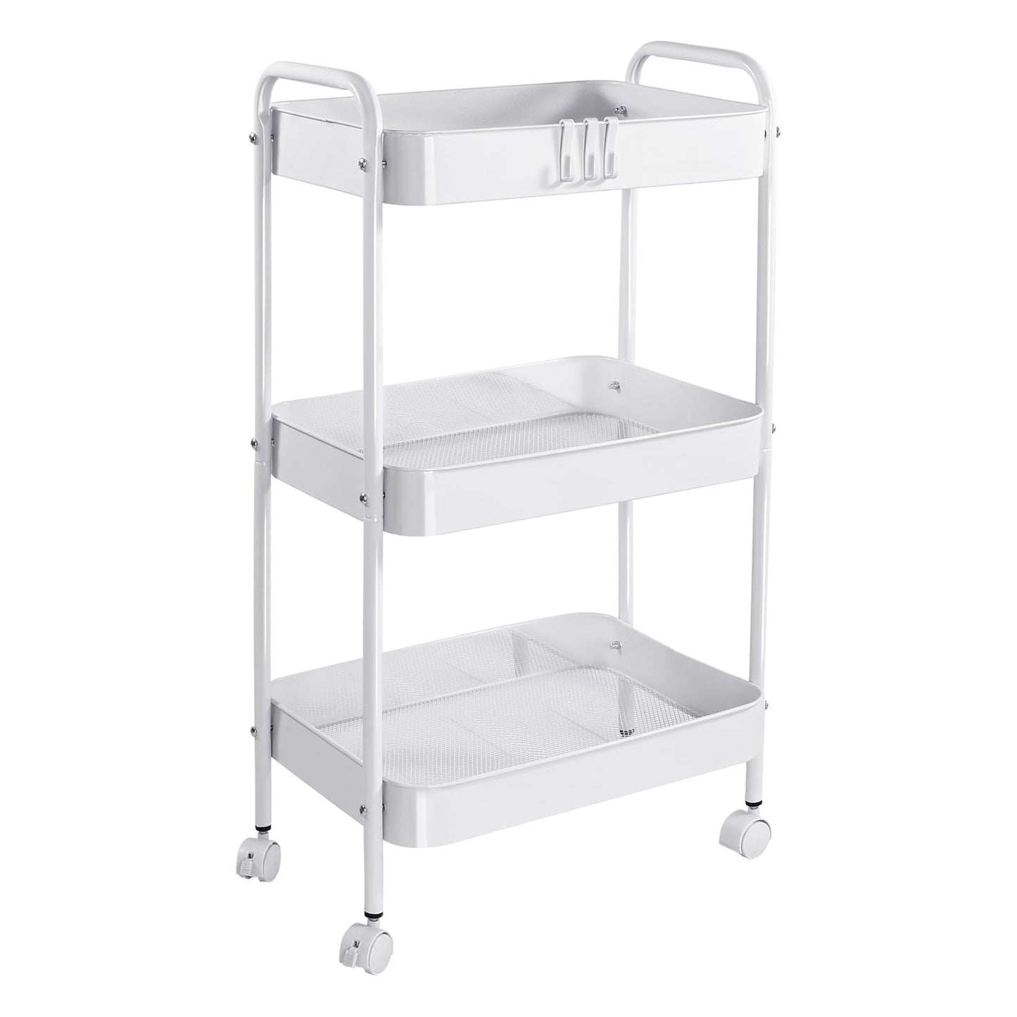 Vtopmart 3 Tier Metal Rolling Cart, Utility Rolling Carts with Wheels, Handle and Lockable Casters, Storage Trolley with Hooks, Easy Assemble for Kitchen, Living Room, Office, Nursery, Garage (White)