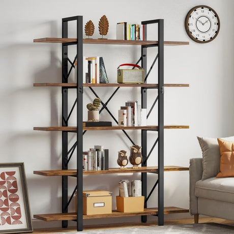 DWVO 5 Tier Bookshelf, 70.9" H Tall Bookcase Industrial Book Shelf Vintage Storage Organizer, Free Standing Storage Shelving Unit for Living Room, Bedroom, Home Office, Rustic Brown DWVO