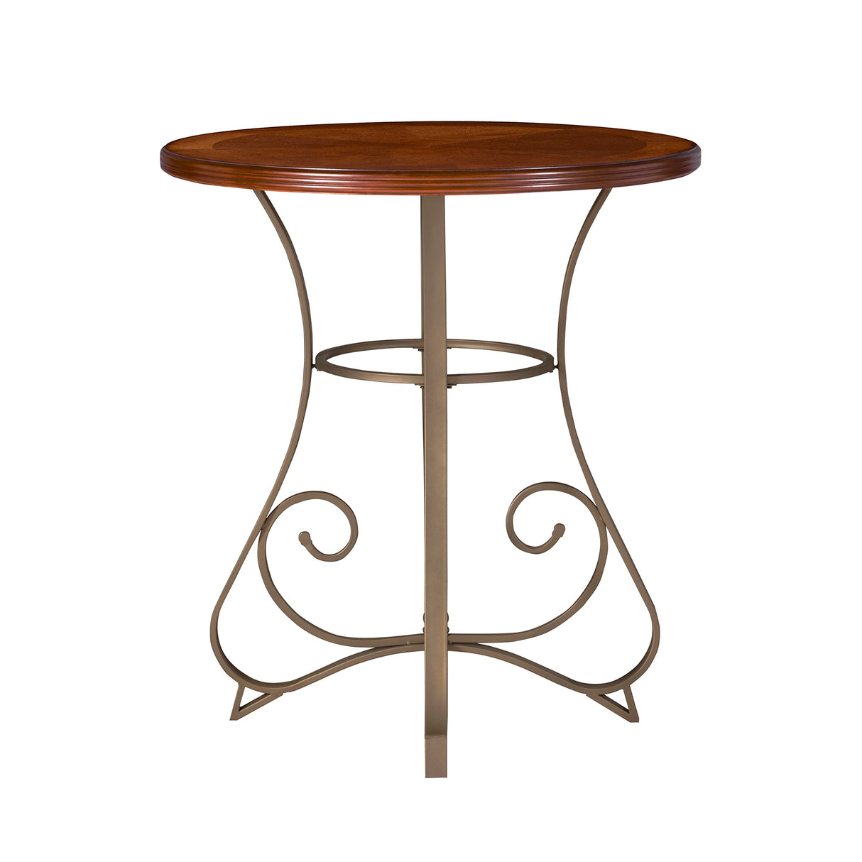 Powell 697-404 Hamilton Pub Table, Brushed Faux Medium Cherry wood Matte Pewter & Bronze metal 36" x 36" x 42" tall Powell