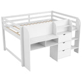 SOFTSEA Full Size Low Loft Bed with Desk & Storage, Solid Wood Loft Bed with Drop-Down Cabinets, Open Shelves & Whiteboard for Kids Juniors Boys Girls, White SOFTSEA