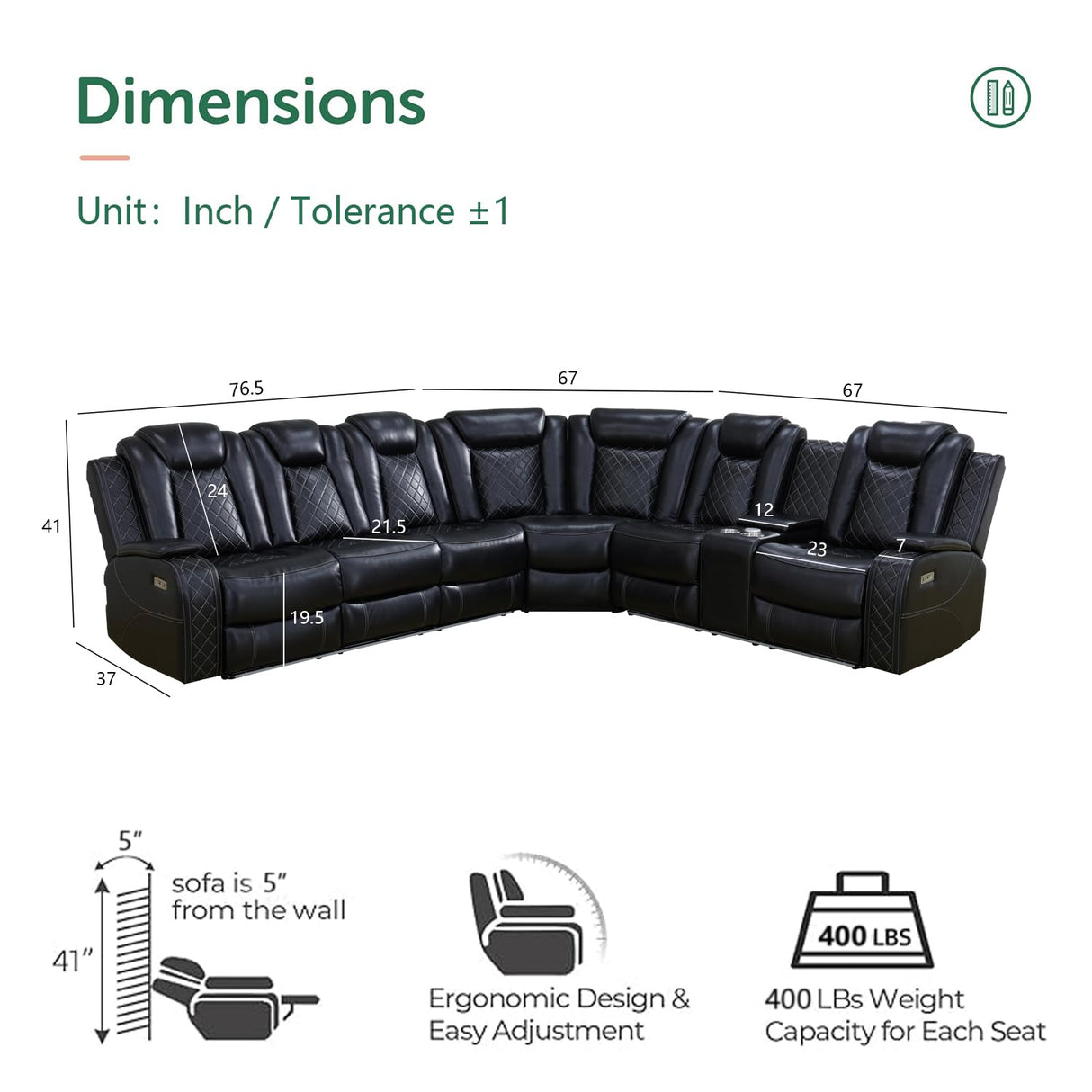 SIENWIEY Black Leather Power Reclining Sectional Sofa，Sectional Couch with Recliner Living Room Set with LED Light/Read Light/Storage Console/USB Port/Wireless Charge/Home Theater Seat SIENWIEY