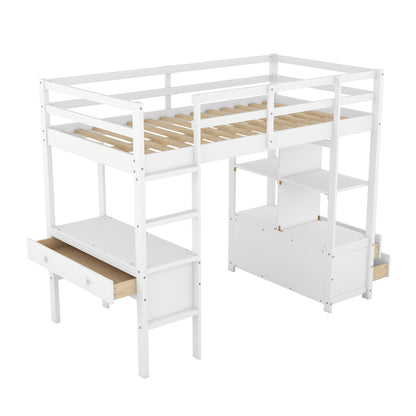 Twin Size Loft Bed with Storage Cabinet and Desk, Wooden Twin Loft Beds Frame with Bookcase and Shelves, Modern Twin Loft Bunk Bed for Kids Teens Adults Boys & Girls (Twin Size, White)