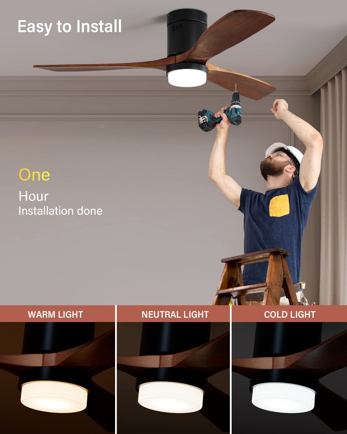 Sofucor 52 Inch Low Profile Ceiling Fan with Lights Flush Mount Ceiling Fan with Remote Control Dimmable LED Light 3 Reversible Walnut Wood Blades Noiseless DC Motor 6 Speed with Timer