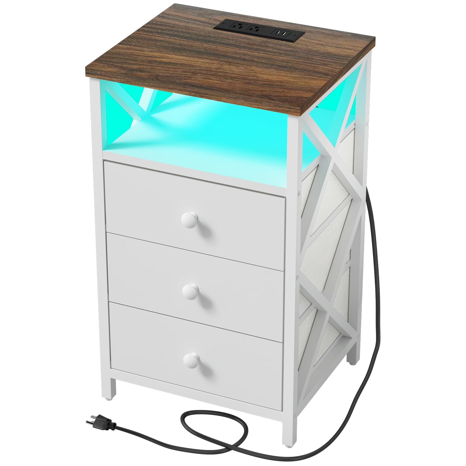 LTTDOUK LED Nightstand with Charging Station, Tall Dresser for Bedroom with LED Light, Side Table Bedside Tables with USB Ports and Outlets, White End Table with Drawer for Bedroom, Living Ro - WoodArtSupply