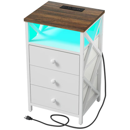 LTTDOUK LED Nightstand with Charging Station, Tall Dresser for Bedroom with LED Light, Side Table Bedside Tables with USB Ports and Outlets, White End Table with Drawer for Bedroom, Living Ro - WoodArtSupply