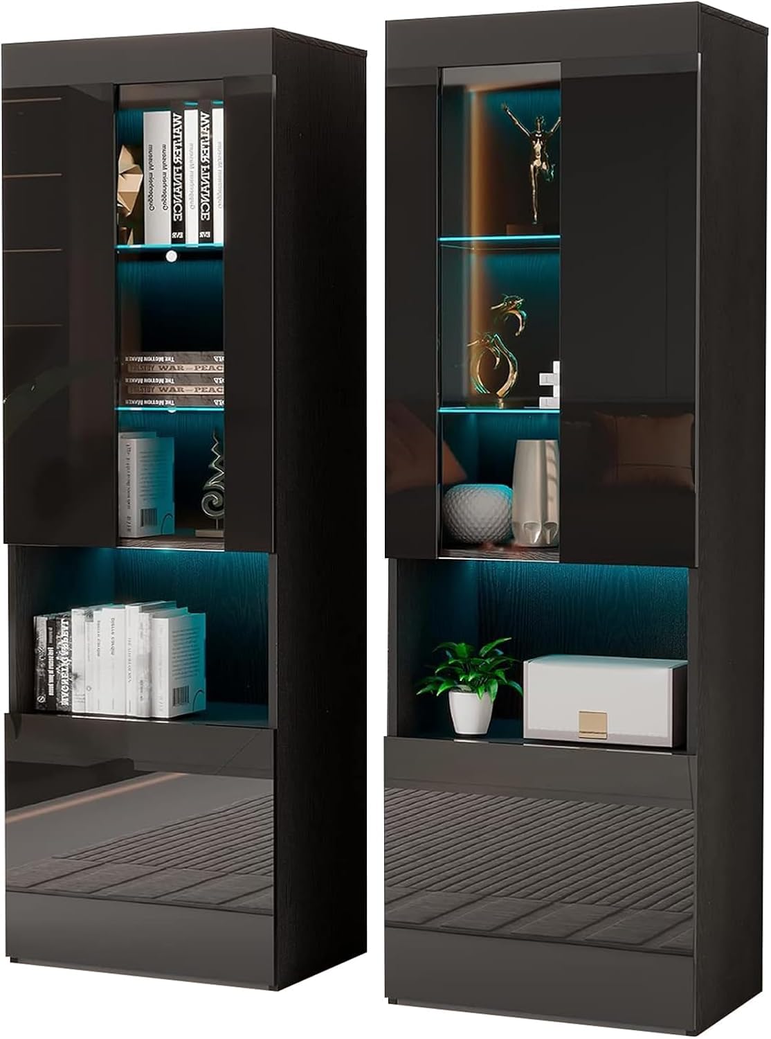 AMERLIFE 2 Piece 5-Tier High Gloss LED Lights Bookcase with Glass Doors, 71" Tall Modern Bookshelf Display Storage Cabinet Set of 2 with Adjustable Glass Shelves for Living Room, Office, Black AMERLIFE