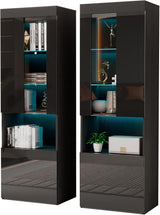 AMERLIFE 2 Piece 5-Tier High Gloss LED Lights Bookcase with Glass Doors, 71" Tall Modern Bookshelf Display Storage Cabinet Set of 2 with Adjustable Glass Shelves for Living Room, Office, Black AMERLIFE