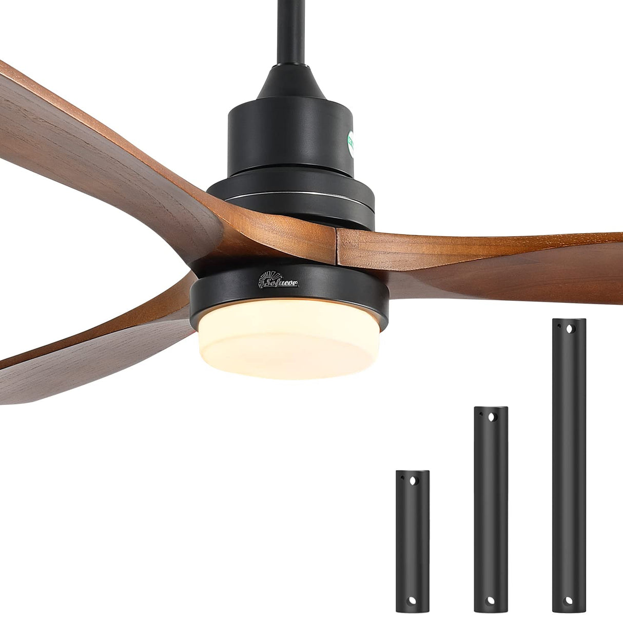 Sofucor 52" Ceiling Fan with Lights Remote Control, 3 Poles for Indoor Outdoor Ceiling Fan with Remote, Reversible Noiseless ETL Motor, 3 Walnut Wooden Blades Sofucor