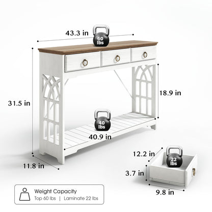 funitydg,43" Console Tables for Entryway with Drawers, Farmhouse Entryway Table with Shelf, Narrow Long Entry Table with Solid Wood Legs, Rustic Vintage Sofa Foyer Tables for Entryway, White - WoodArtSupply