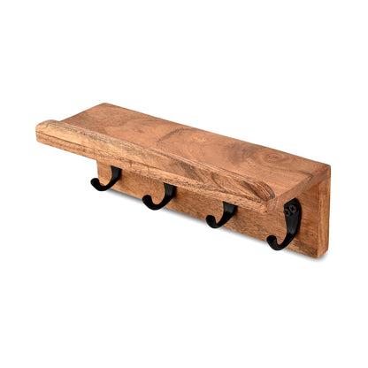 NIRMAN Acacia Wood Rustic Key Holder for Wall, Farmhouse Wall Shelf with 4 Hooks for Entryway Farmhouse Kitchen (10" x 3.5" x 3.5")