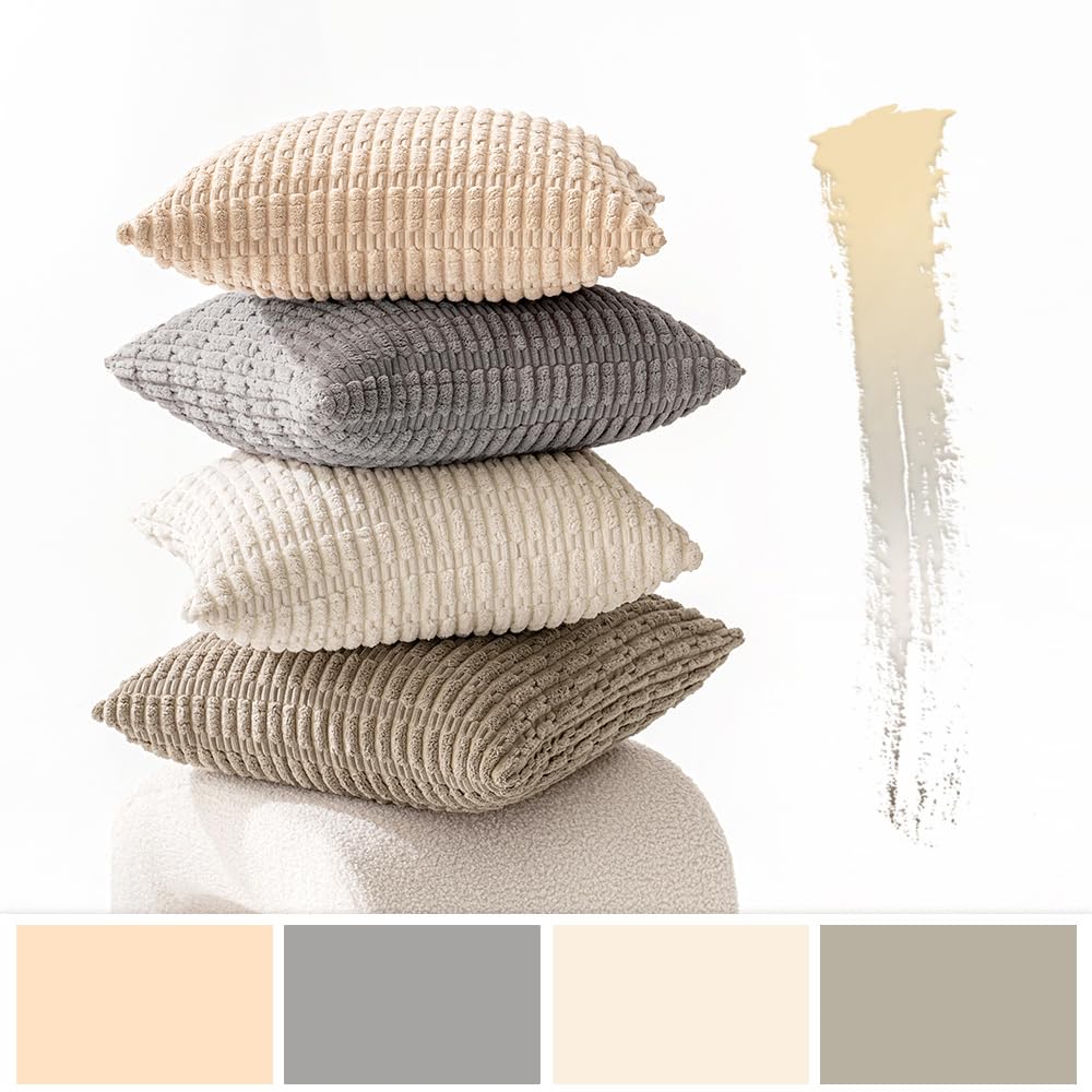 MIULEE Pack of 4 Neutral Corduroy Decorative Throw Pillow Covers 18x18 Inch for Sofa Living Room Couch Bed Rustic Farmhouse Boho Soft Striped Pillow Covers Home Decor Beige and Brown MIULEE