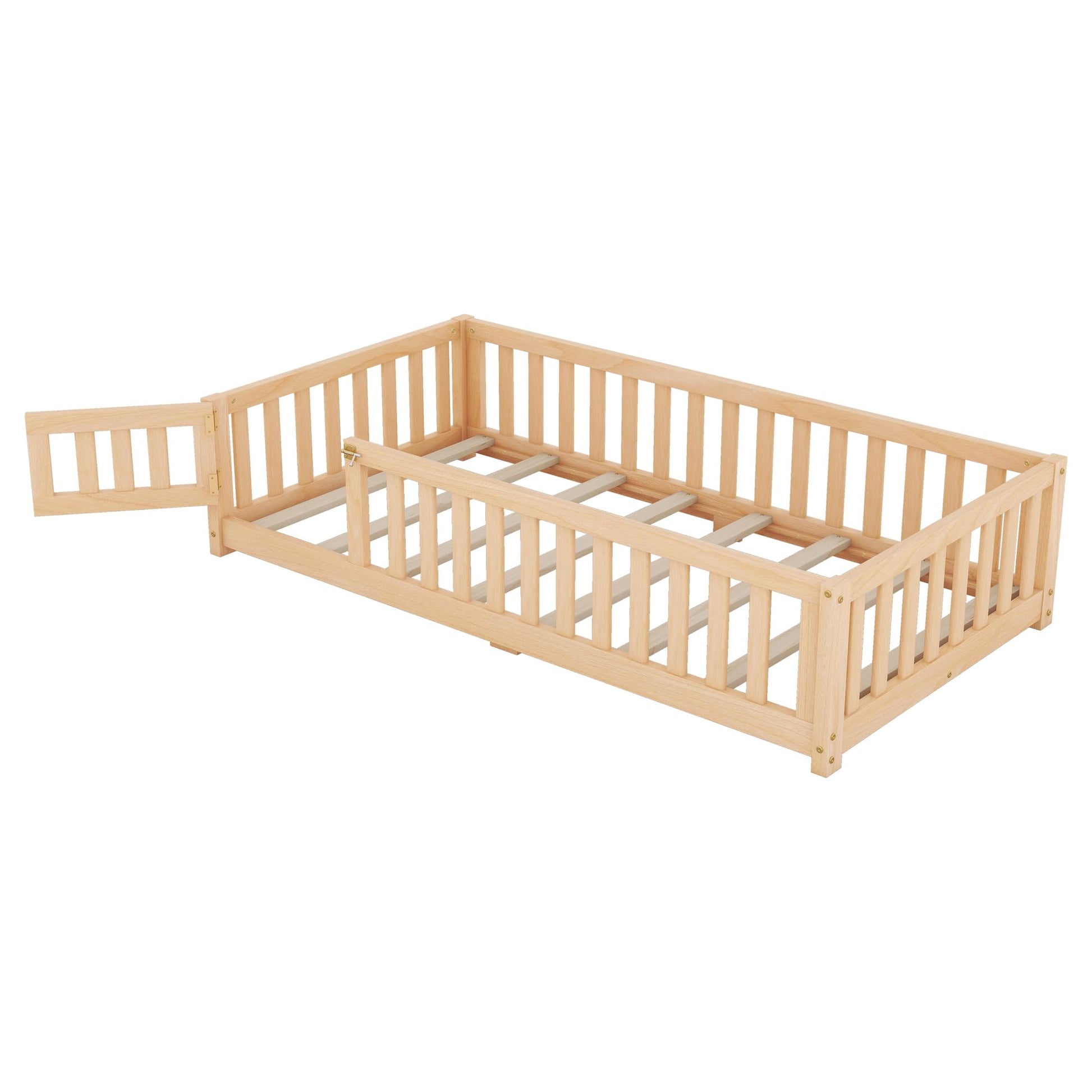 CITYLIGHT Twin Montessori Floor Bed with Rails and Door - Natural Wood Frame for Kids - WoodArtSupply