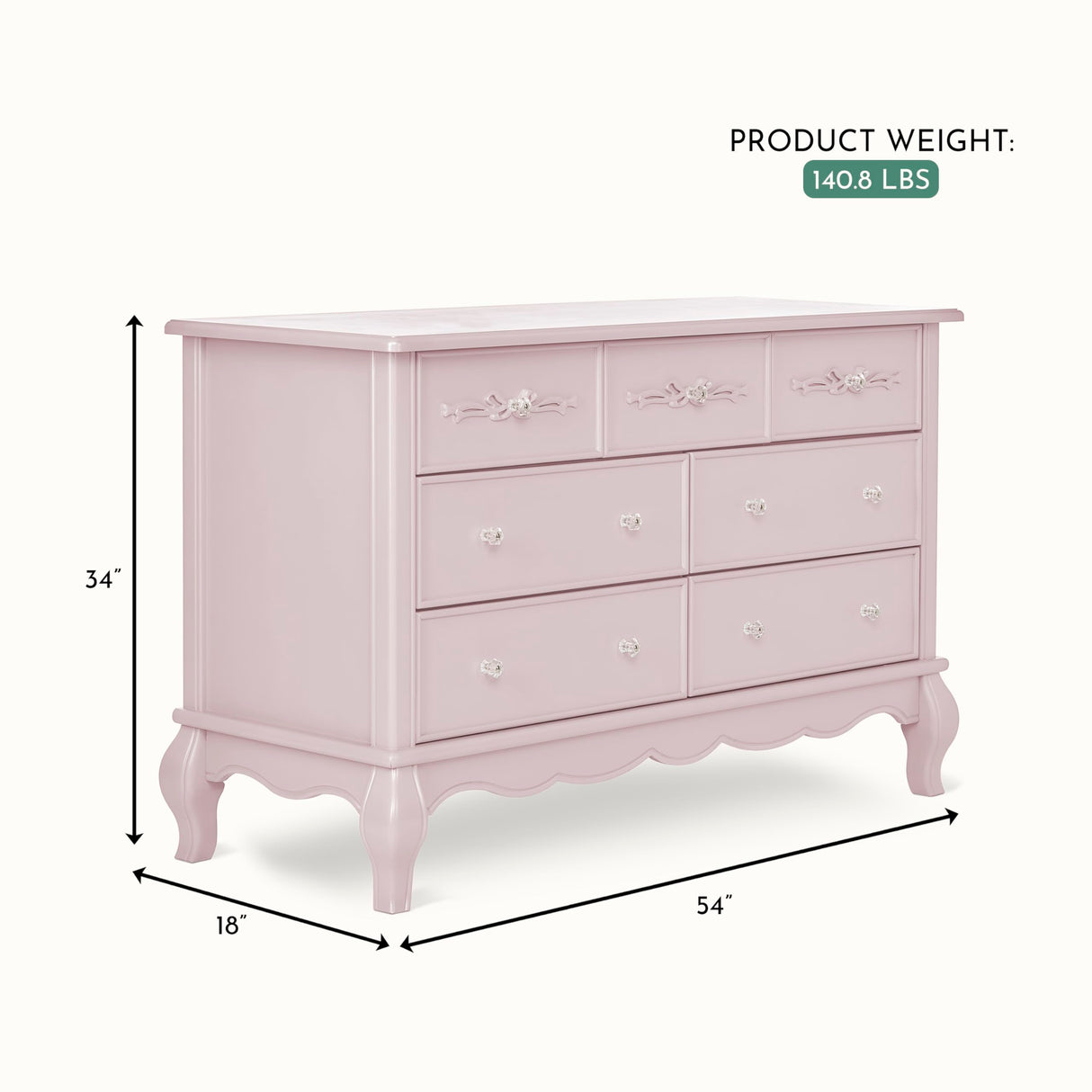 Evolur Aurora 7 Drawer Double Dresser, Dusty Rose Evolur