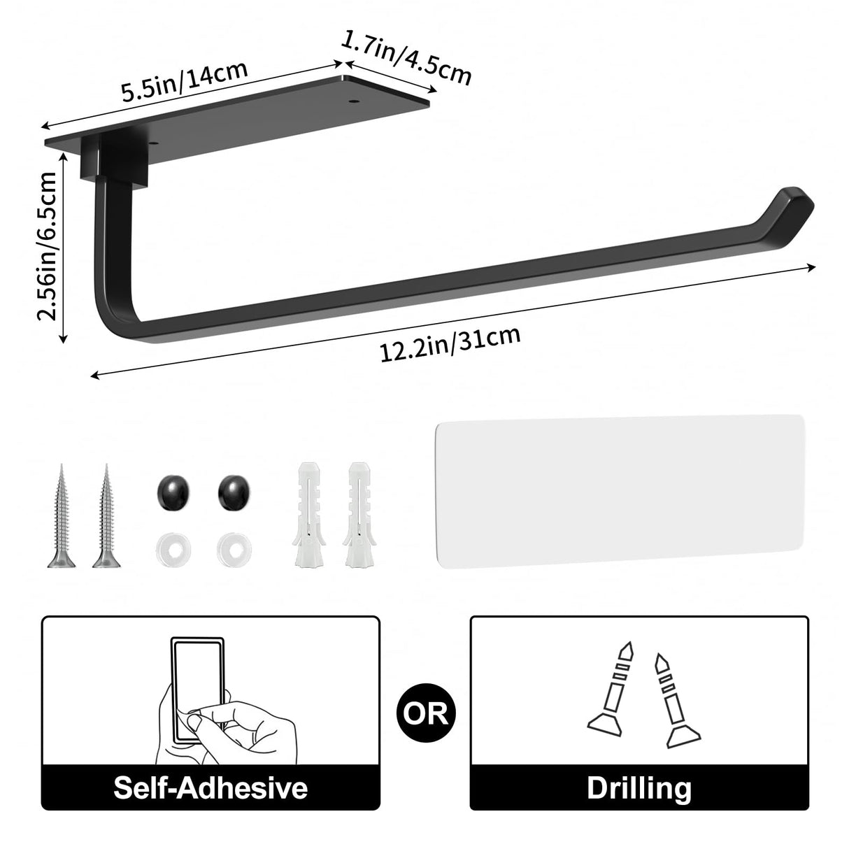 Paper Towel Holder - Self-Adhesive or Drilling, Matte Black, Upgraded Aluminum Kitchen Roll Dispenser Under Cabinet, Lighter but Stronger Than Stainless Steel! niffgaff