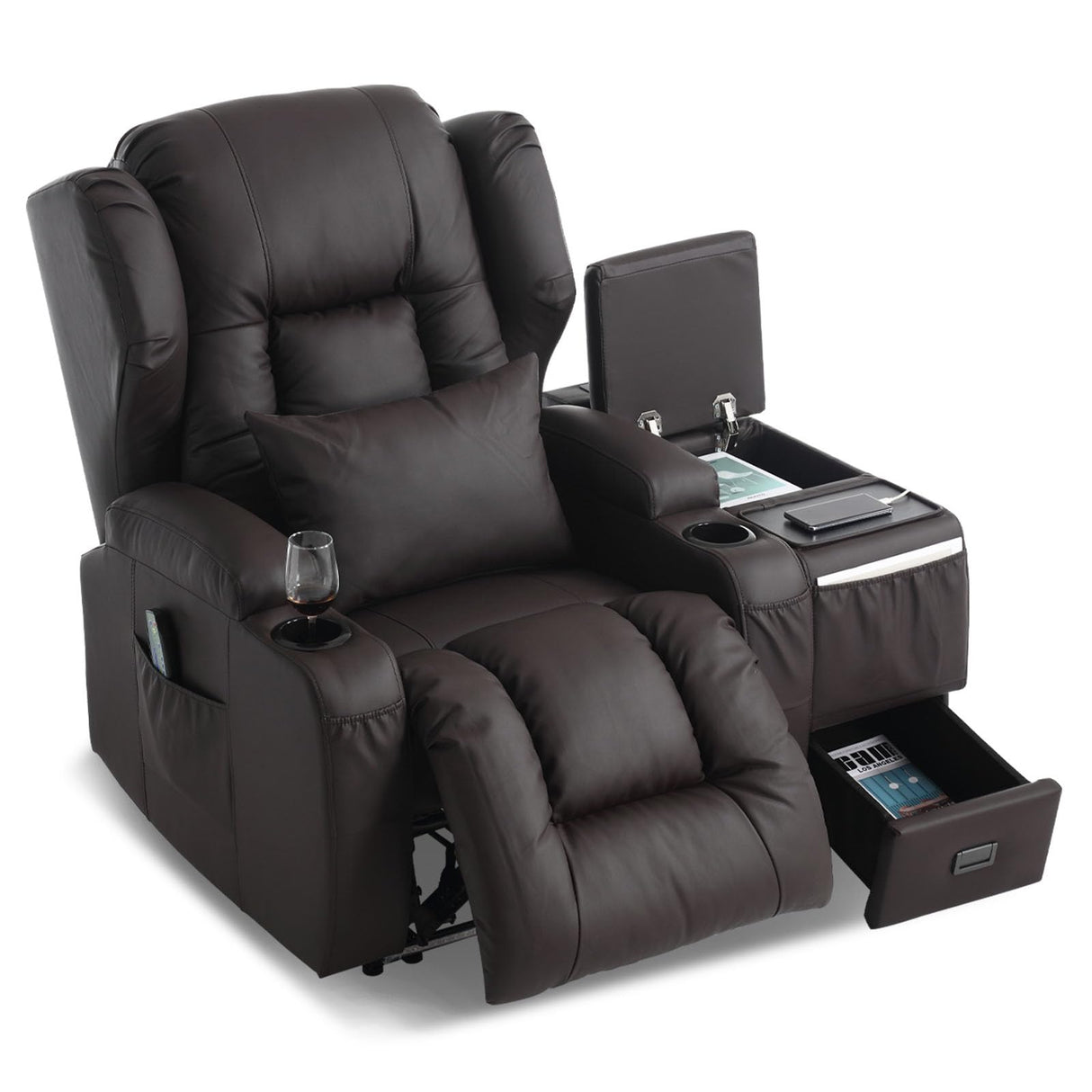 DRMBOOK Power Recliner Chair, Electric Wall Hugger Reclining Sofa with Massage & Heat, Overstuffed Theater Seating with LED/USB Port/Cup Holders for Living Room (Leather Brown, 1 Chair with Console) DRMBOOK