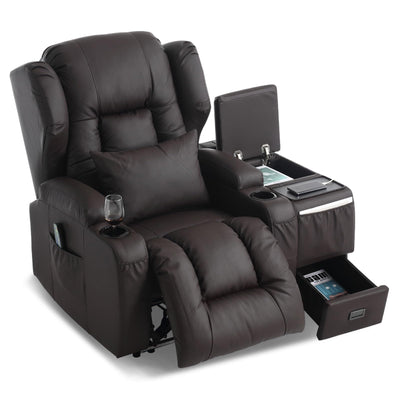 DRMBOOK Power Recliner Chair, Electric Wall Hugger Reclining Sofa with Massage & Heat, Overstuffed Theater Seating with LED/USB Port/Cup Holders for Living Room (Leather Brown, 1 Chair with Console)