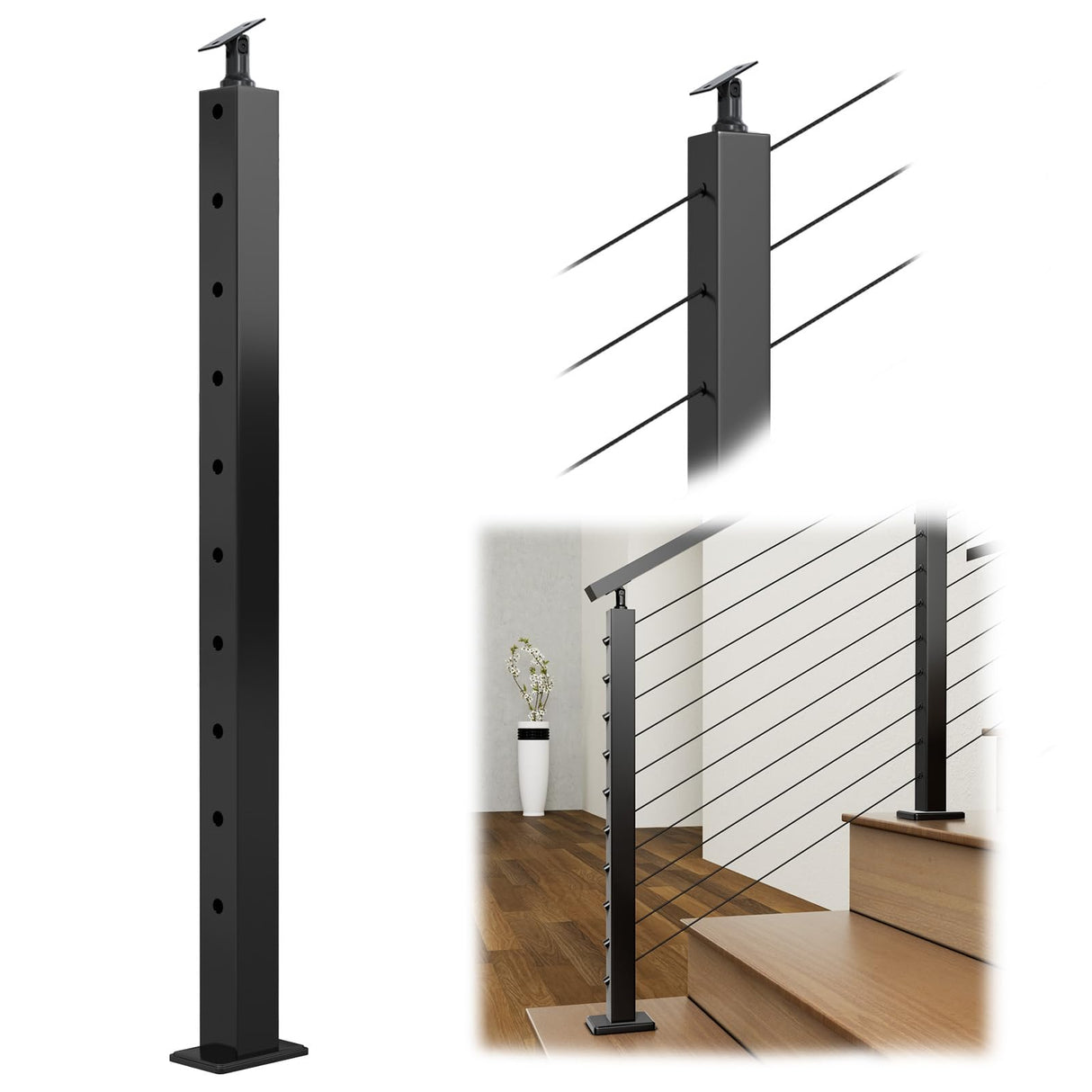 Muzata Black Stair Cable Railing Post 36 Inch for 25-35 Degrees Stair 36"x2"x2" Surface Mount T304 Stainless Steel Cable Railing System Kit Indoor Outdoor with Paper User Guide PS01 BA4S Muzata