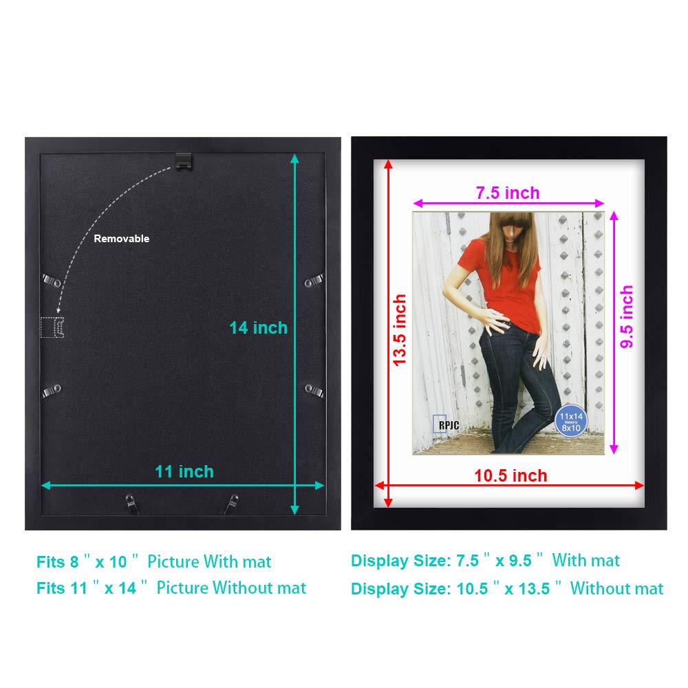 RPJC 11 x 14 Picture Frames Made of Solid Wood and High Definition Glass Display Pictures 8x10 with Mat or 11x14 Without Mat for Wall Mounting Photo Frames Black RPJC