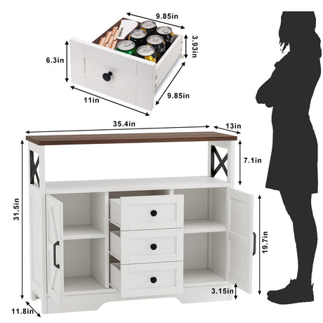 YGEOMER Buffet Cabinet Sideboard Farmhouse Coffee Bar with 3 Drawers and 2 Doors, Wood Kitchen Table Wine Bar Storage Cabinet for Dining Room YGEOMER