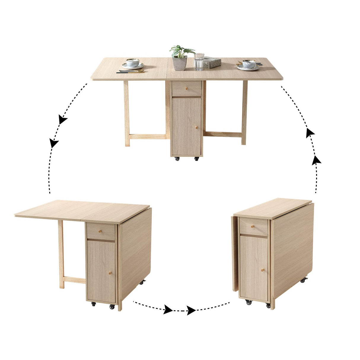COMUHOME Extendable Drop Leaf Folding Dining Table with 2 Drawers and 4 Wheels for Living Room Kitchen Farmhouse Space Saving Table in Wood Color COMUHOME